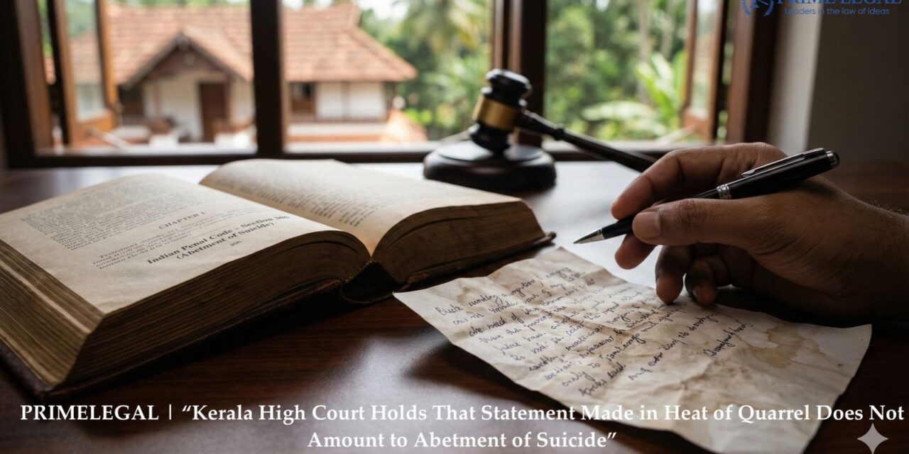 PRIMELEGAL | “Kerala High Court Holds That Statement Made in Heat of Quarrel Does Not Amount to Abetment of Suicide”