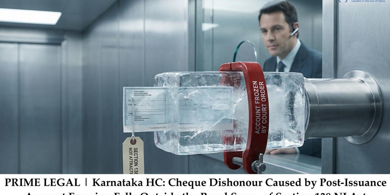 PRIME LEGAL | Karnataka HC: Cheque Dishonour Caused by Post-Issuance Account Freezing Falls Outside the Penal Scope of Section 138 NI Act