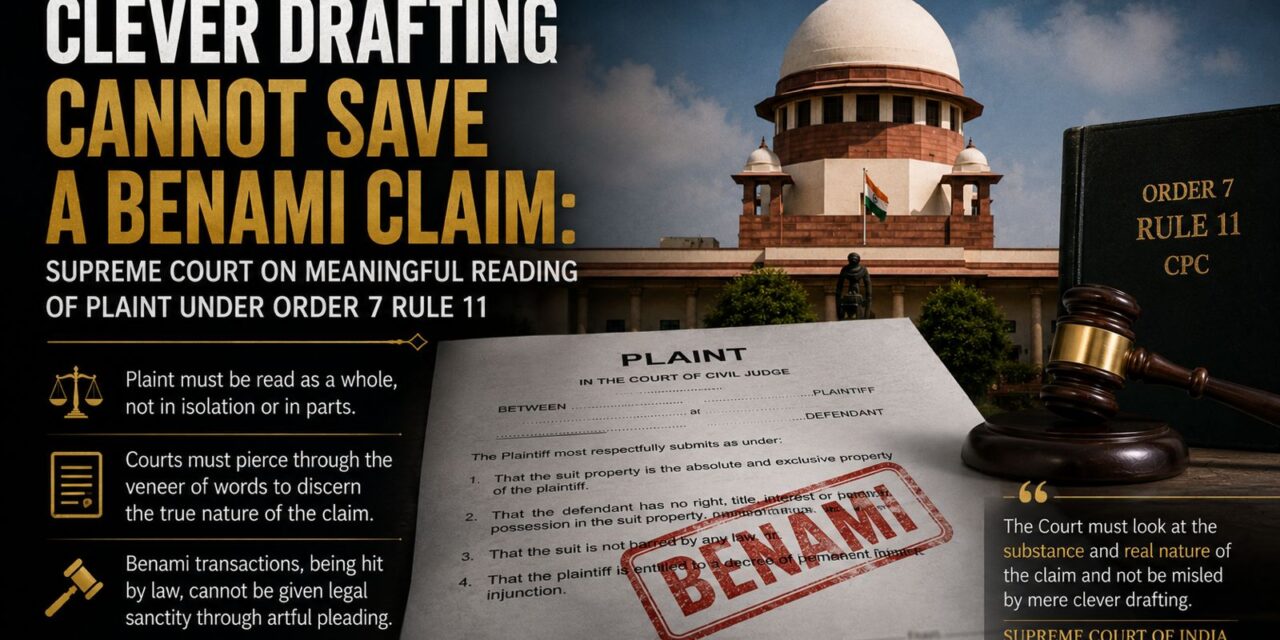PRIME LEGAL | Supreme Court Rules: Courts Must Read Plaints Meaningfully Under Order 7 Rule 11. Artful Drafting Cannot Disguise a Benami Claim