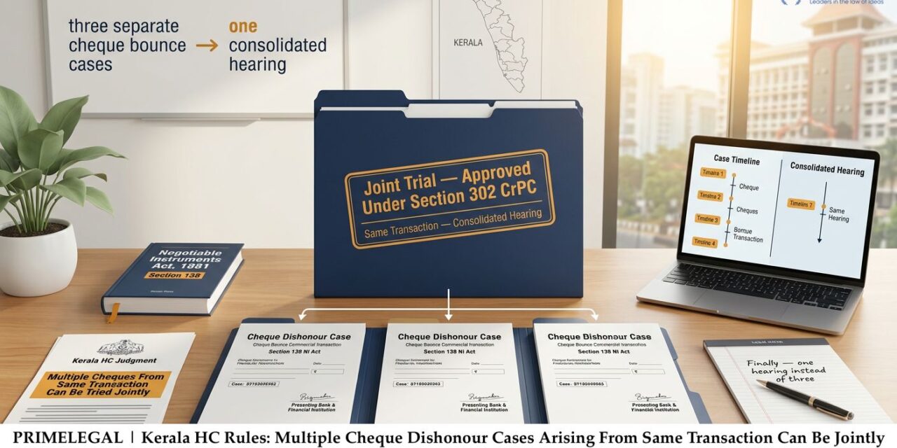 PRIME LEGAL | Kerala HC Rules: Multiple Cheque Dishonour Cases Arising From Same Transaction Can Be Jointly Tried Under NI Act