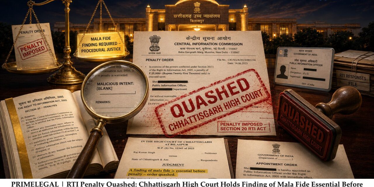 PRIMELEGAL | RTI Penalty Quashed: Chhattisgarh High Court Holds Finding of Mala Fide Essential Before Imposing Sanctions