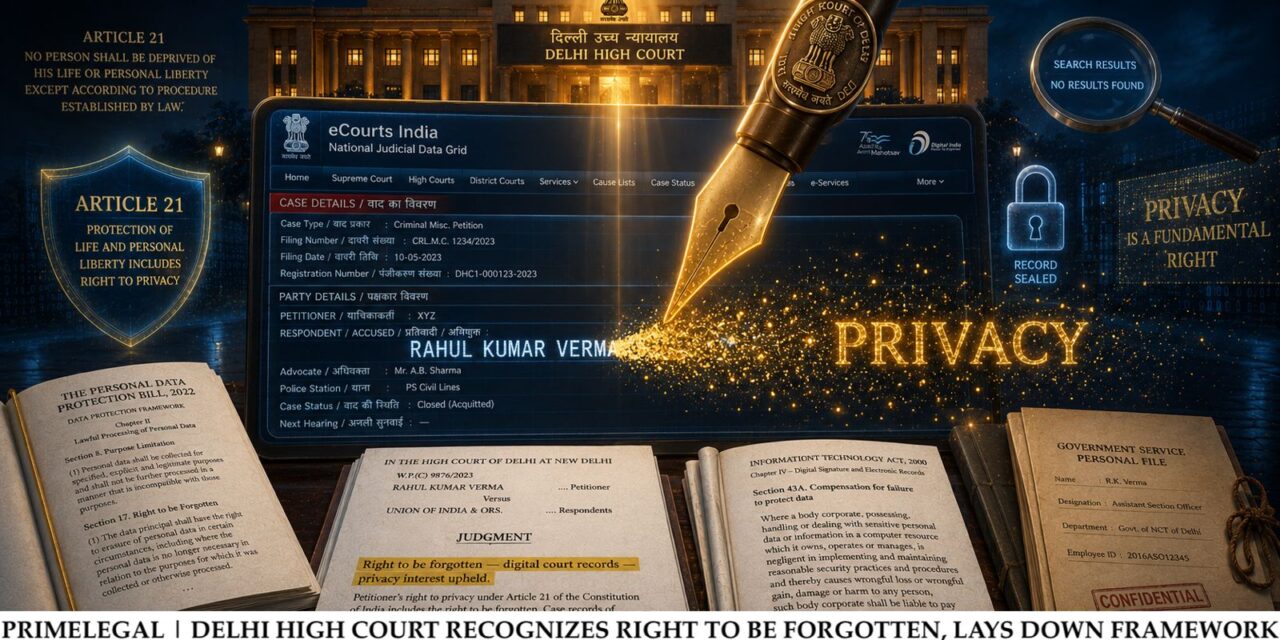 PRIMELEGAL | Delhi HC Recognises Right to be Forgotten, Lays Down Framework for De-indexing Judicial Records