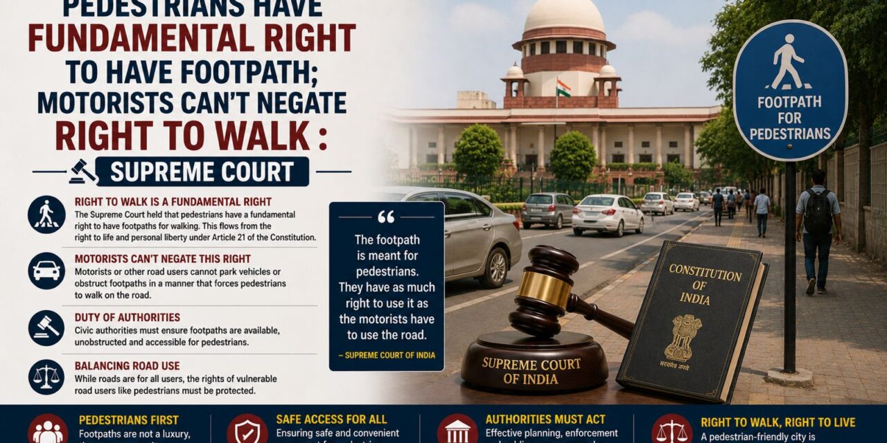 PRIME LEGAL | Elevating Urban Mobility: Supreme Court Declares Right to Walk a Fundamental Right Under Article 19 in Maniyar Iliyaz