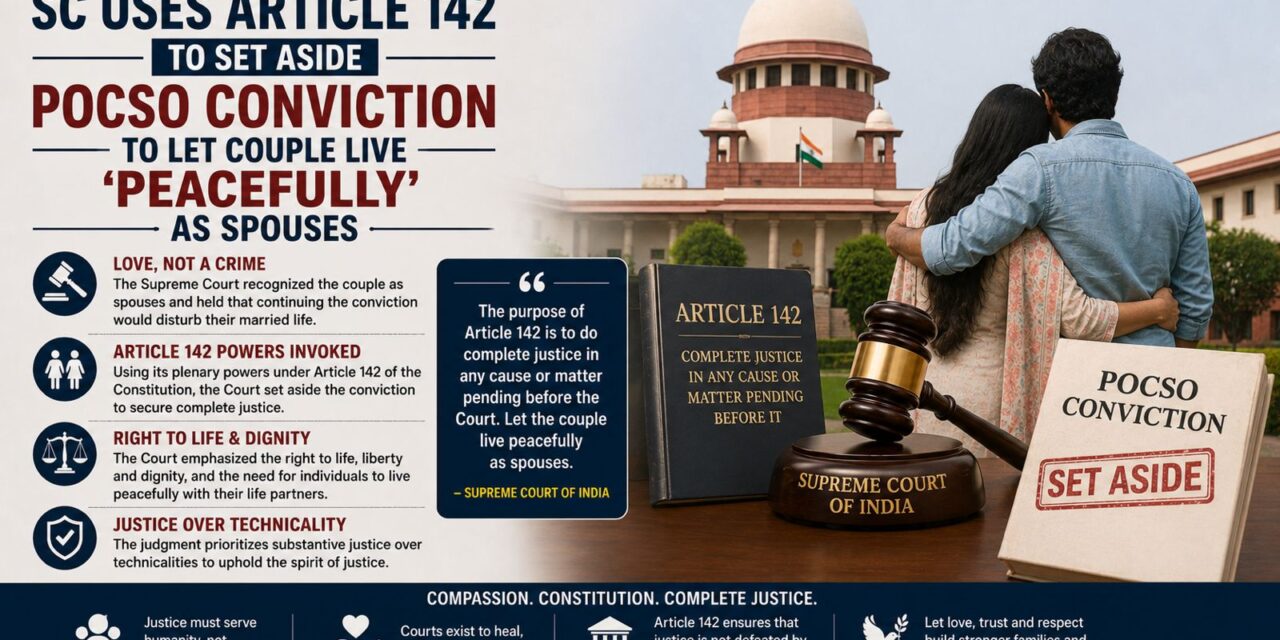 PRIME LEGAL | Supreme Court Invokes Art.142 to Set Aside POSCO Conviction, Allows Couple to Live ‘Peacefully’ as Spouses 