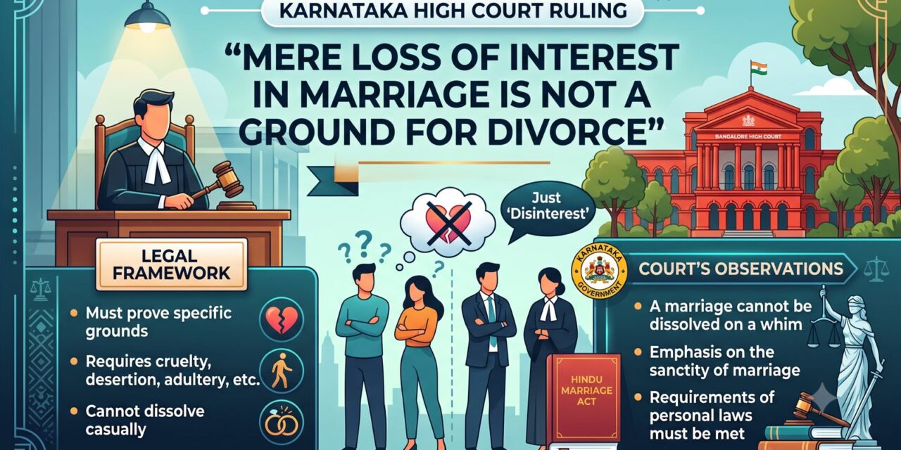 PRIME LEGAL | Mere Loss of Interest in Marriage Does Not Constitute a Ground for Divorce, Rules Karnataka High Court