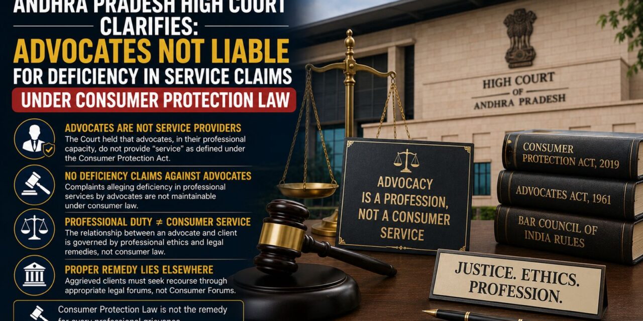 PRIME LEGAL | Andhra Pradesh High Court Clarifies: Advocates Not Liable for Deficiency in Service Claims Under Consumer Protection Law