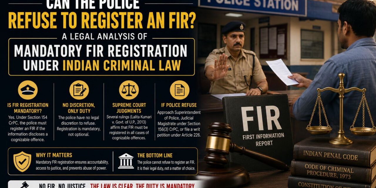 PRIME LEGAL | Can the Police Refuse to Register an FIR? A Legal Analysis of Mandatory FIR Registration under Indian Criminal Law