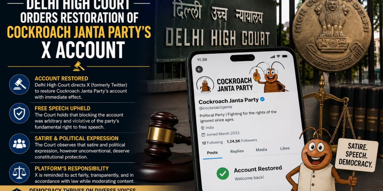 PRIME LEGAL | Delhi High Court orders restoration of Cockroach Janta Party’s X account