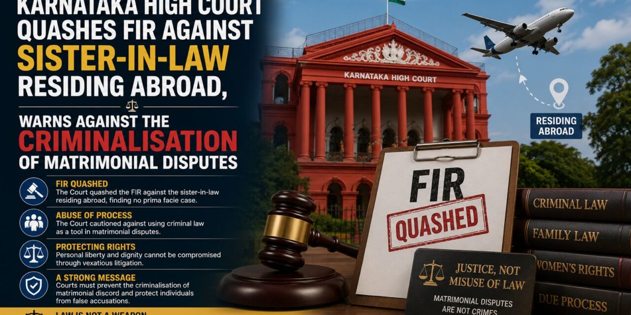 PRIME LEGAL | High Court Quashes FIR against Sister-in-Law residing abroad, warns against the criminalisation of matrimonial disputes