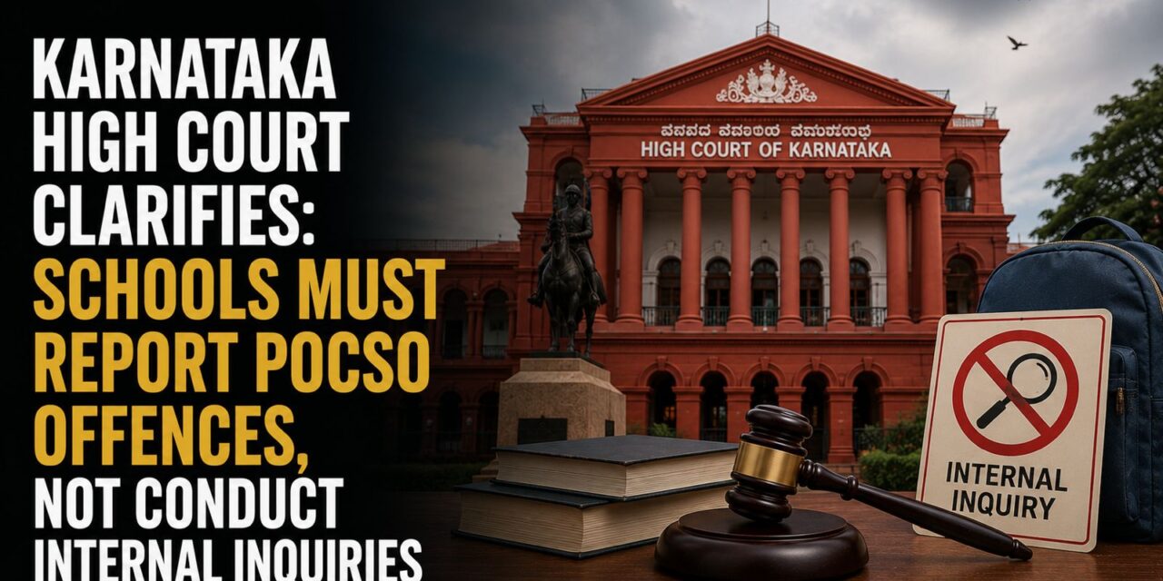 PRIME LEGAL | Karnataka High Court Clarifies: Schools Must Report POCSO Offences, Not Conduct Internal Inquiries