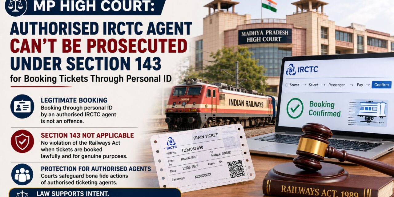 PRIME LEGAL | MP High Court: Authorised IRCTC Agent Can’t Be Prosecuted Under Section 143 for Booking Tickets Through Personal ID