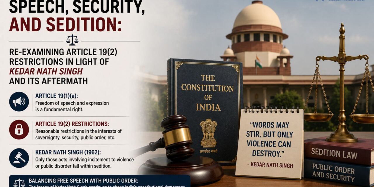 PRIME LEGAL | Speech, Security, and Sedition: Re-examining Article 19(2) Restrictions in Light of Kedar Nath Singh and Its Aftermath
