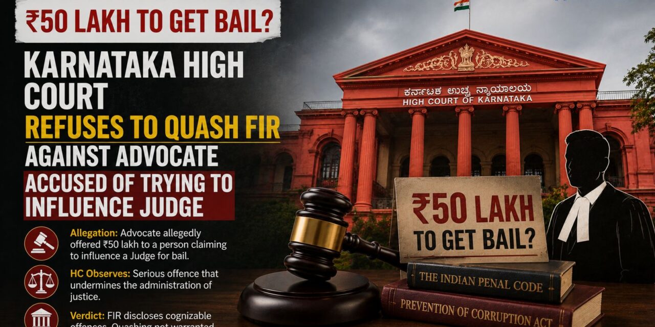 PRIME LEGAL | ₹50 Lakh to Get Bail? Karnataka High Court Refuses to Quash FIR Against Advocate Accused of Trying to Influence Judge