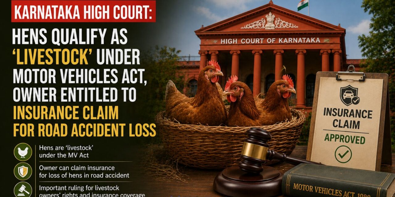 PRIME LEGAL | Karnataka High Court: Hens Qualify as ‘Livestock’ Under Motor Vehicles Act, Owner Entitled to Insurance Claim for Road Accident Loss