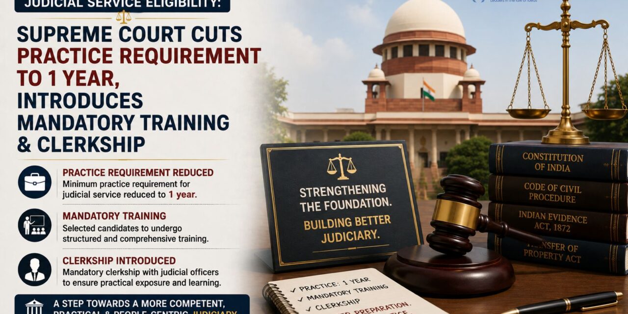 PRIME LEGAL | Judicial Service Eligibility: Supreme Court Cuts Practice Requirement to 1 Year, Introduces Mandatory Training & Clerkship
