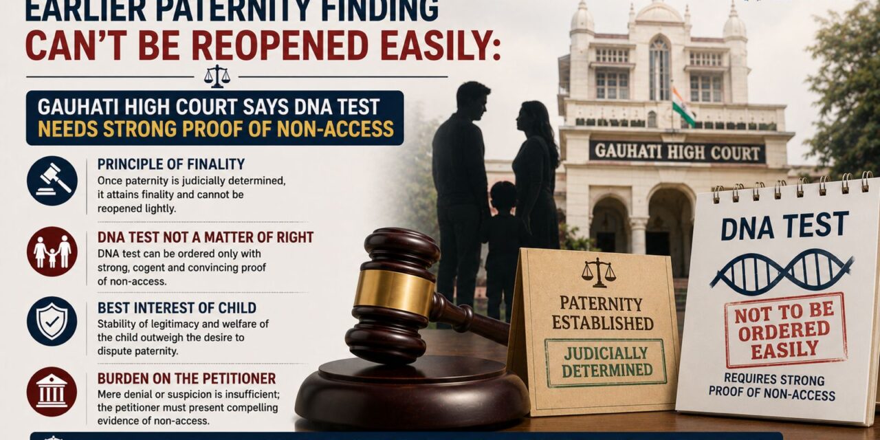 PRIME LEGAL | Earlier Paternity Finding Can’t Be Reopened Easily: Gauhati High Court Says DNA Test Needs Strong Proof of Non-Access 