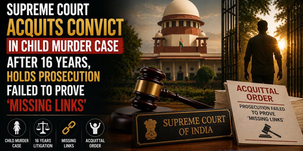PRIME LEGAL | Supreme Court Acquits Convict in Child Murder Case After 16 Years, Holds Prosecution Failed to Prove ‘Missing Links