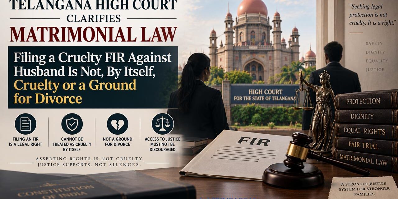 PRIME LEGAL | Telangana High Court Clarifies Matrimonial Law: Filing a Cruelty FIR Against Husband Is Not, By Itself, Cruelty or a Ground for Divorce