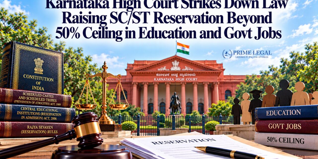 PRIME LEGAL | Karnataka High Court Strikes Down Law Raising SC/ST Reservation Beyond 50% Ceiling in Education and Govt Jobs